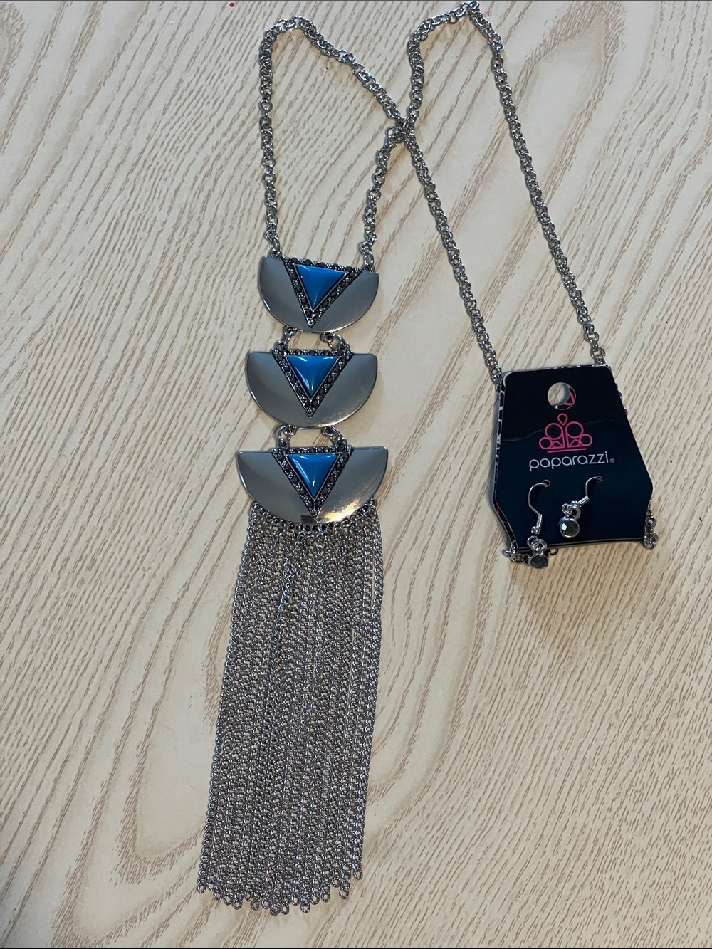 Paparazzi Silver-Tone Blue Triangle Tassel Statement Necklace